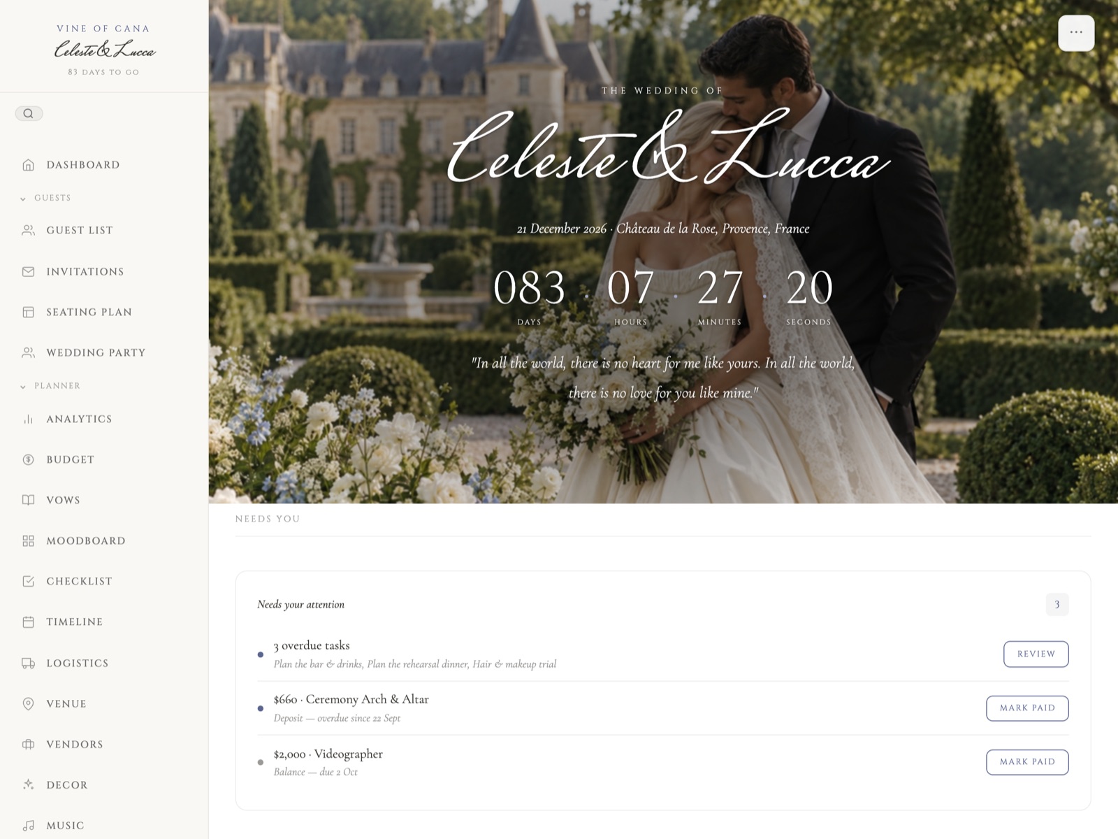 The Vine of Cana dashboard, showing a sample wedding's countdown, budget and upcoming tasks