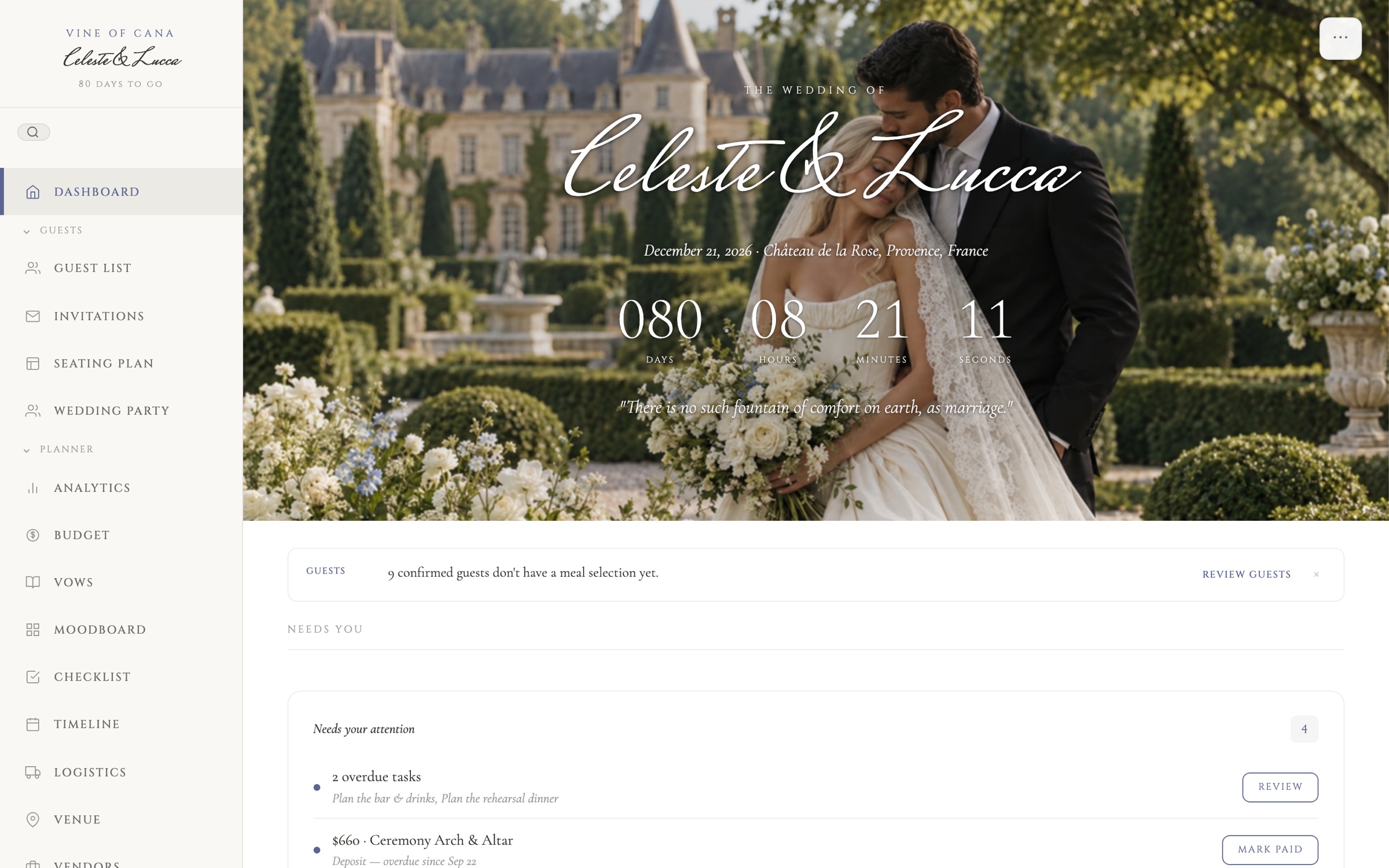 The Vine of Cana dashboard in Signature Classic, light mode, showing Celeste & Lucca's countdown