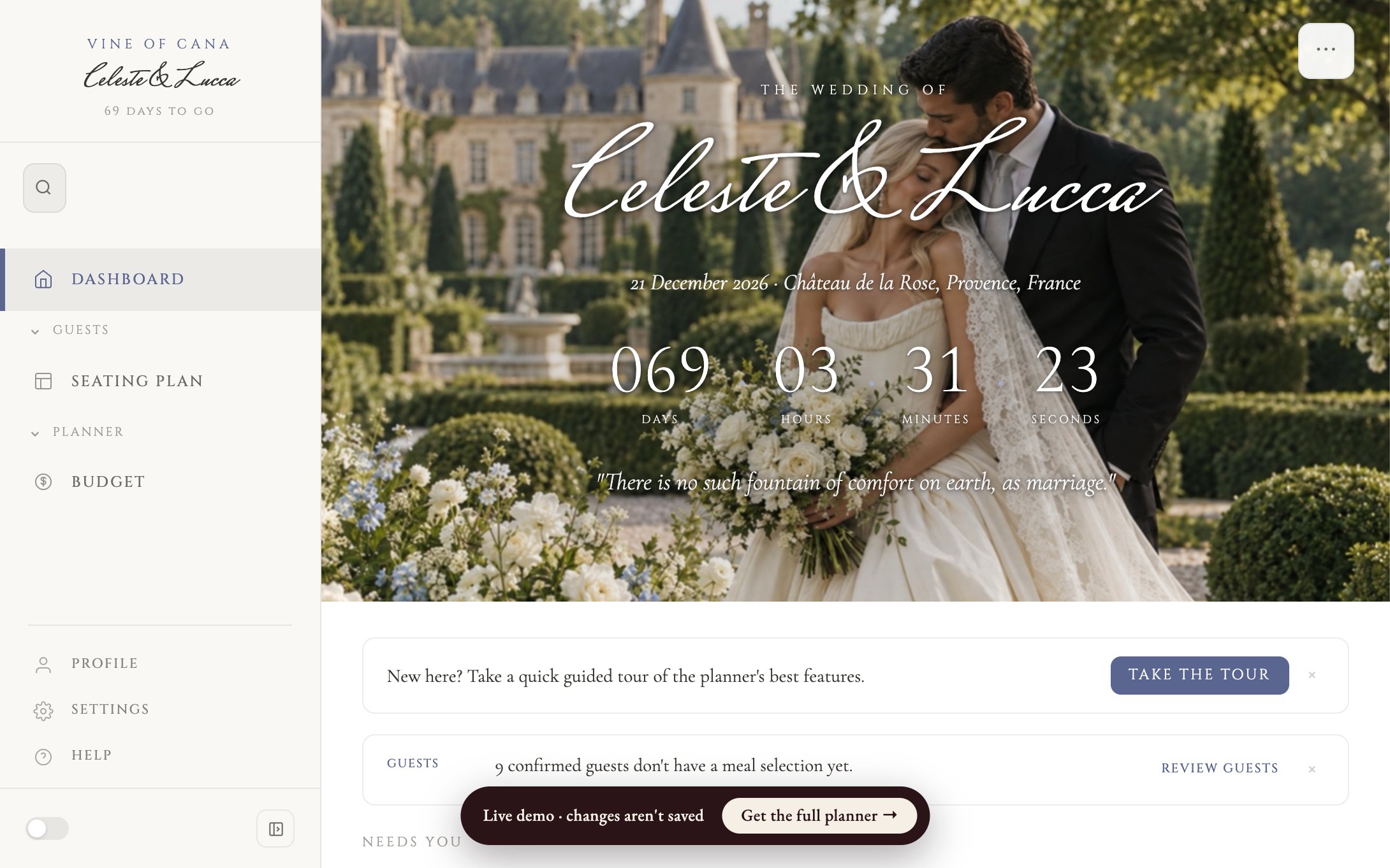 The Vine of Cana dashboard, showing Celeste & Lucca's sample wedding with its countdown